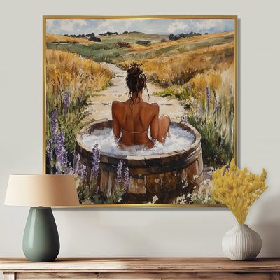 Femme dans une prairie de baignoire - art mural de salle de bain