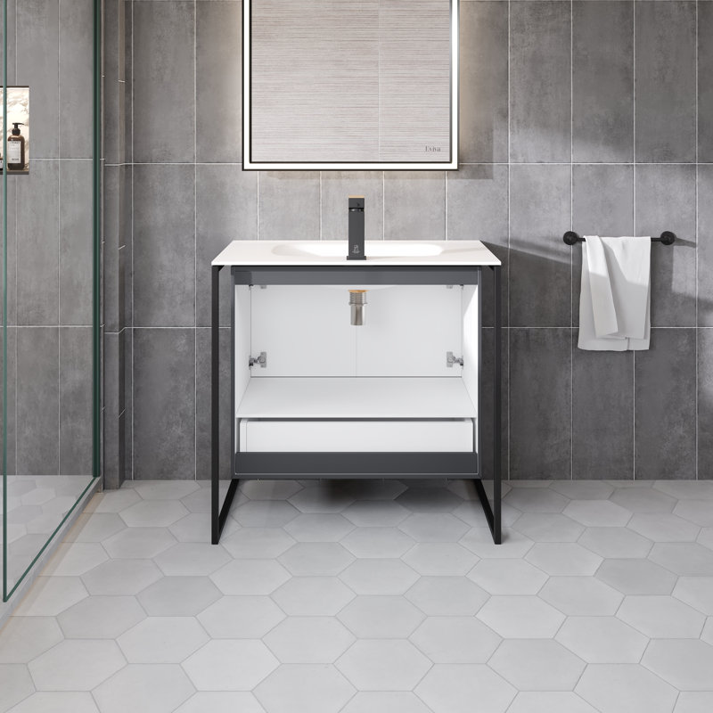 Meuble-lavabo 32 po Gritton avec pieds métalliques noirs, Gris