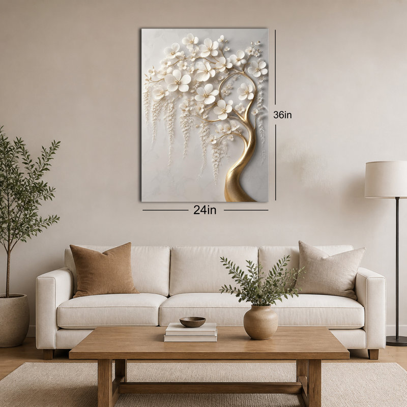 Art en relief, arbre blanc doré, toile tendue, prêt à accrocher, 28x40in