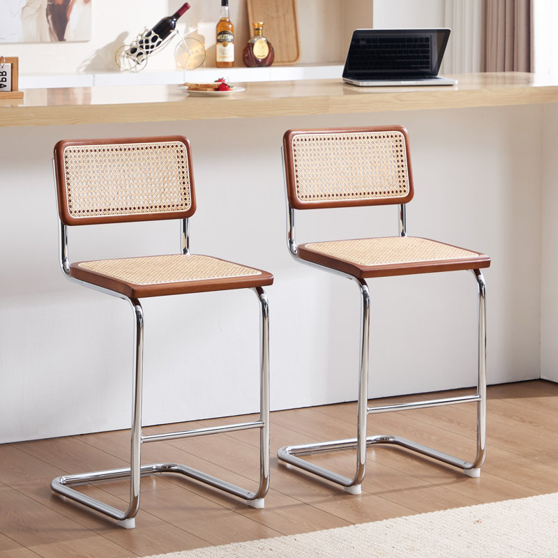 Marlow Modern 24.8" Cane Rattan Cantilever Counter Stools with Metal Frame, Walnut/Silver