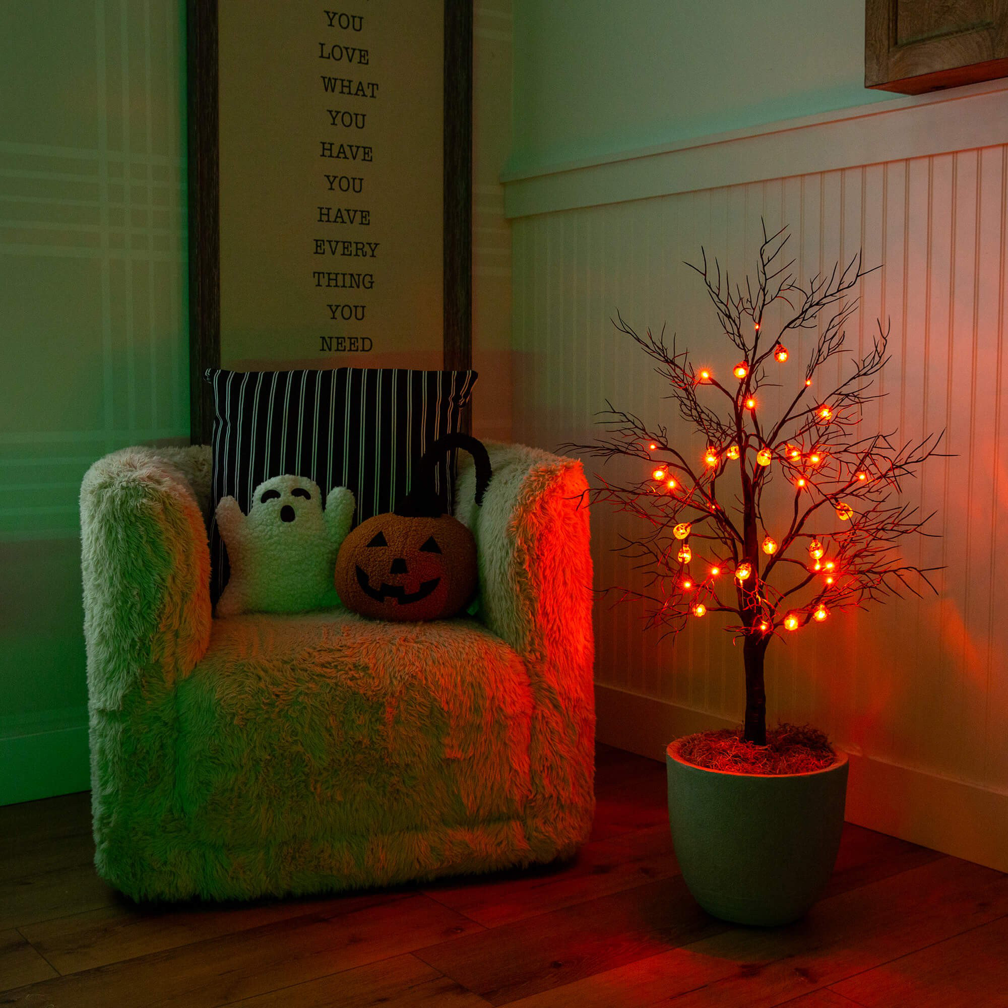 Pre-Lit Artificial Halloween Black Twig Tree With 18 Orange LED Pumpkin Shaped Lights, 36" H x 16" W x 16" D