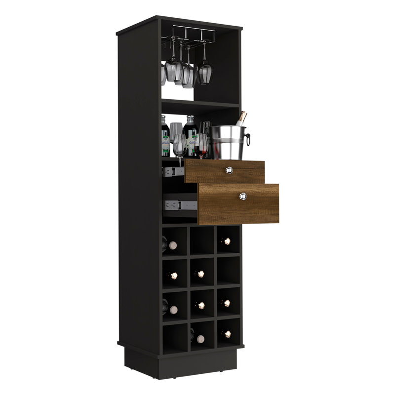 Armoire de bar classique, deux tiroirs, douze porte-bouteilles encastrés - noir / noyer