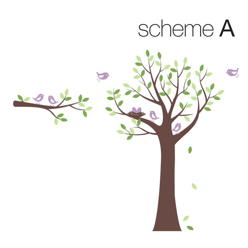 Adhésif décoratif "famille oiseau" avec arbre, Brun / vert lime