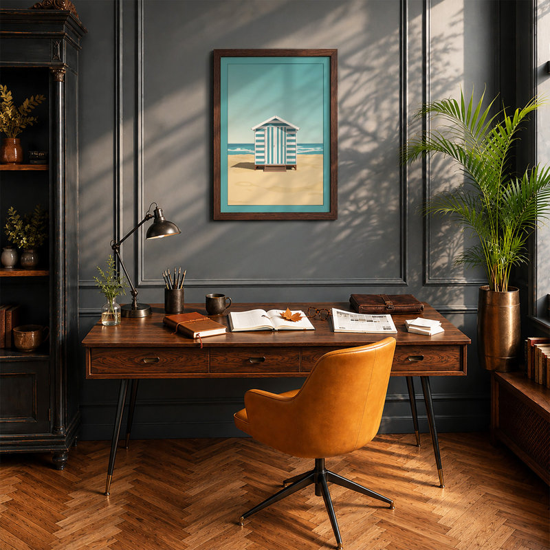 Striped Beach Hut Coastal - Print, Walnut, A3 - 42.0 x 29.7 cm