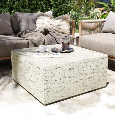 28'' Magnesium Oxide Outdoor Coffee Table with Natural Stone Textured Surface, Square, Off-white