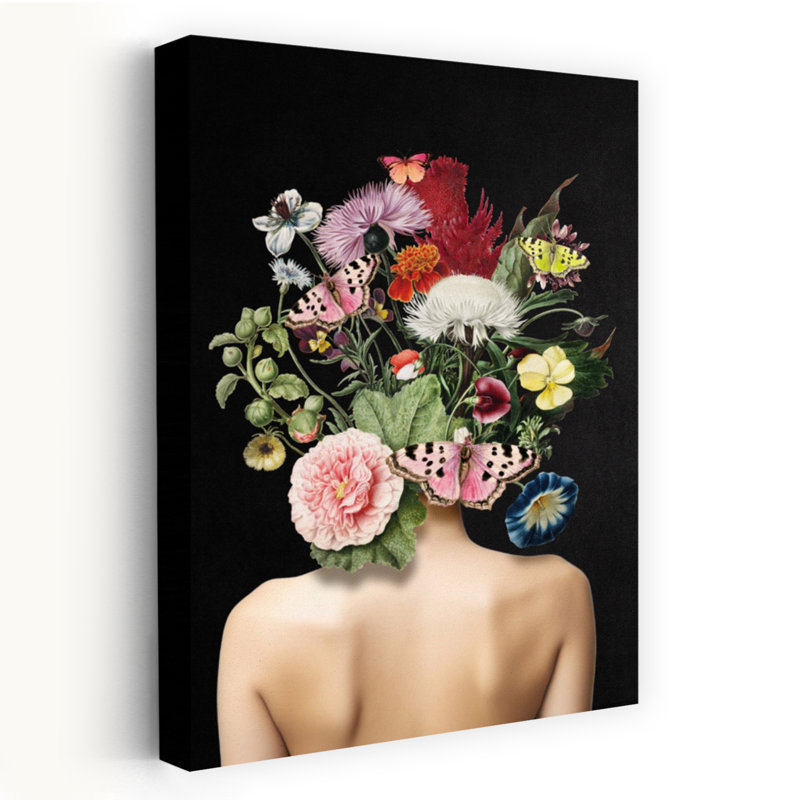 Femme avec tête de fleur colorée élégante fleur de papillon nature sereine, H 60 po x l 40 po