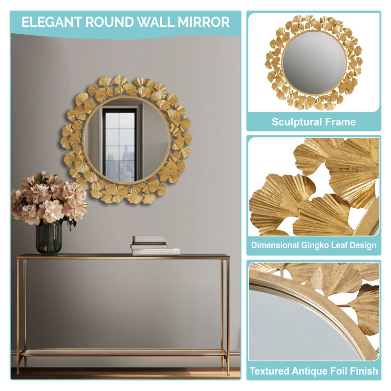 Martha Stewart Eden Gold 30.5" Dia. Round Ginkgo Leaf Metal Wall Mirror, Gold