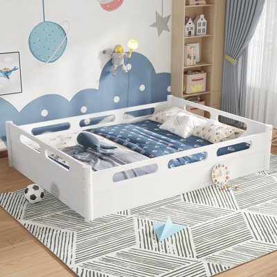 Queen Size Low Profile Floor Platform Bed with Guardrails, Modern Wood Bed Frame with Slats Support, No Box Spring Needed, White