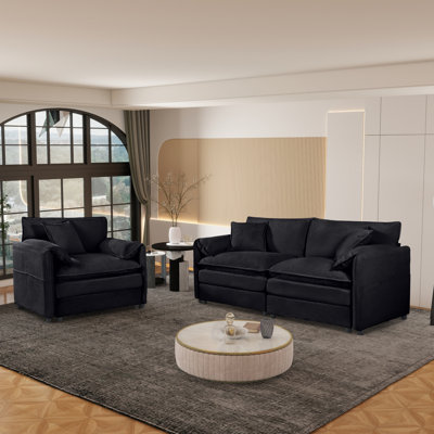 Spacious Chenille Loveseat Sofa Set, Modern Black Upholstered Furniture For Living Room