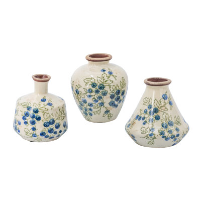 S/3 White Ceramic Mini Vases With Blue Berry Motif