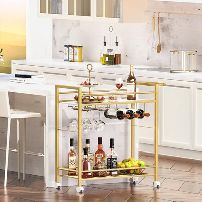 2-Tier Home Bar Serving Cart With Storage Shelves, Rolling Beverage Cart With Wheels, Wine Rack And Glass Holder, Modern Wine Cart For Kitchen, Living