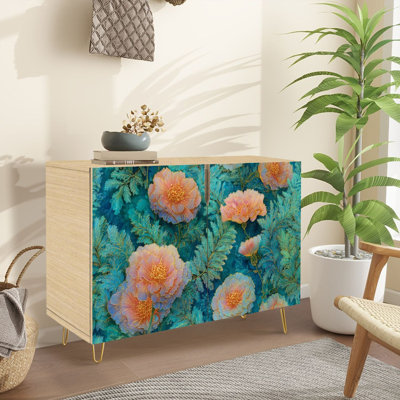 Sideboard Buffet Cabinet with Storage Dreamy Floral Foliage Repeat with 2 Doors for Living Room and Kitchen