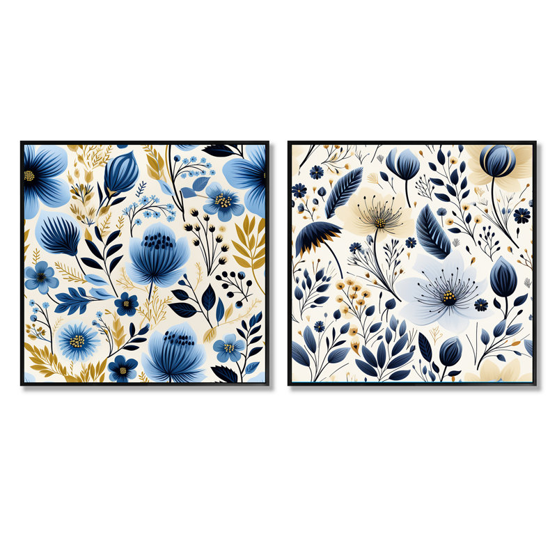 Nordic Yellow Blue Garden Dreams II - Abstract Botanicals Square, ensemble de 2 collages carrés, Cadre flottant noir