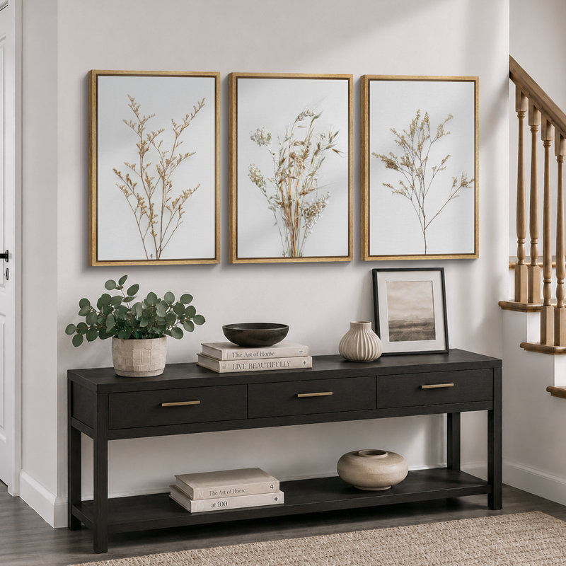 Minimal Botanical «Neutral Wildflowers Floral Art, Simple Organic Modern Wall Images, Large Encadré, Impression Giclée sur Toile, 3 pièces, ensemble de 16 x 24 x 3, 24 x 36 x 3