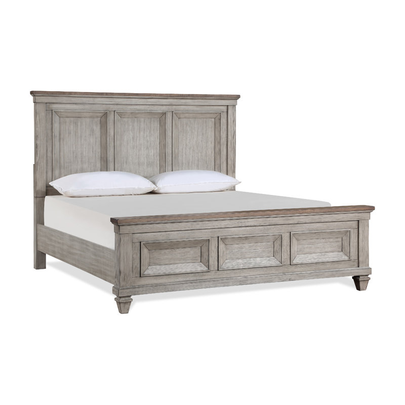 Henry Bed, Plank-Style Headboard, Crown Moldings, Wood, Cream/Brown/Gray, Très grand