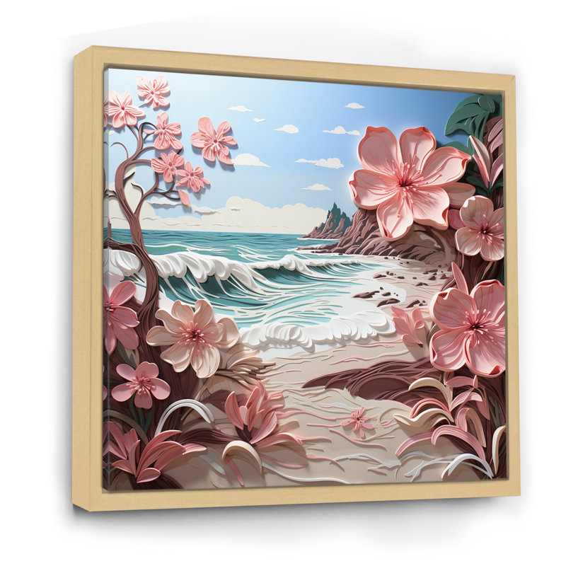 Pink Beachside Bloom Papercut II - Nautical & Beach Canvas Prints, H 36 po x l 36 po x P 1,5 po, Cadre naturel flottant