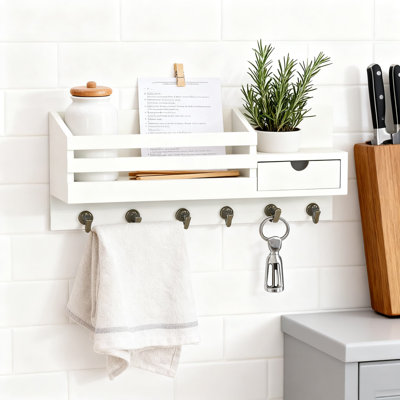 Wall Mount Key Holder With Mail Organizer And Storage Drawer, 6 Hooks Entryway Organizer For Keys, Mail And Small Items, Easy Installation Rustic Wood Design