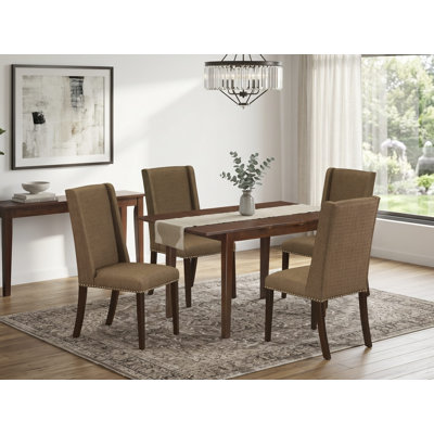 Ensemble de table de salle à manger 5 pièces comprenant une table de cuisine rectangulaire avec des feuilles de papillon et 4 chaises Parsons en tissu kaki foncé, acajou