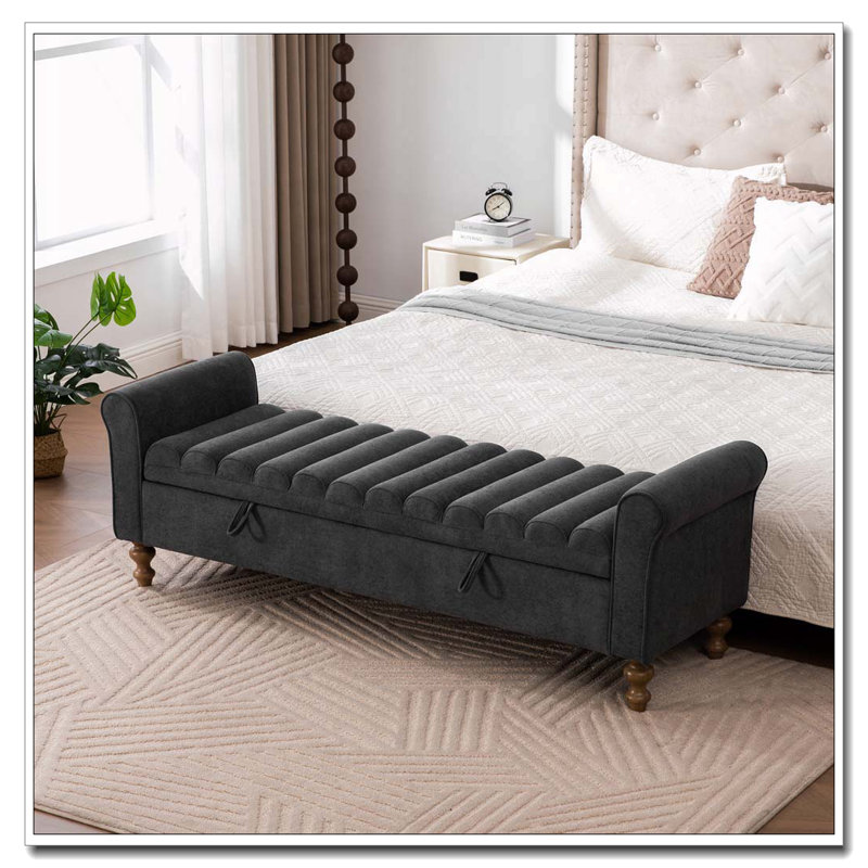65.55" Wide Modern Upholstered Storage Bench, Charcoal