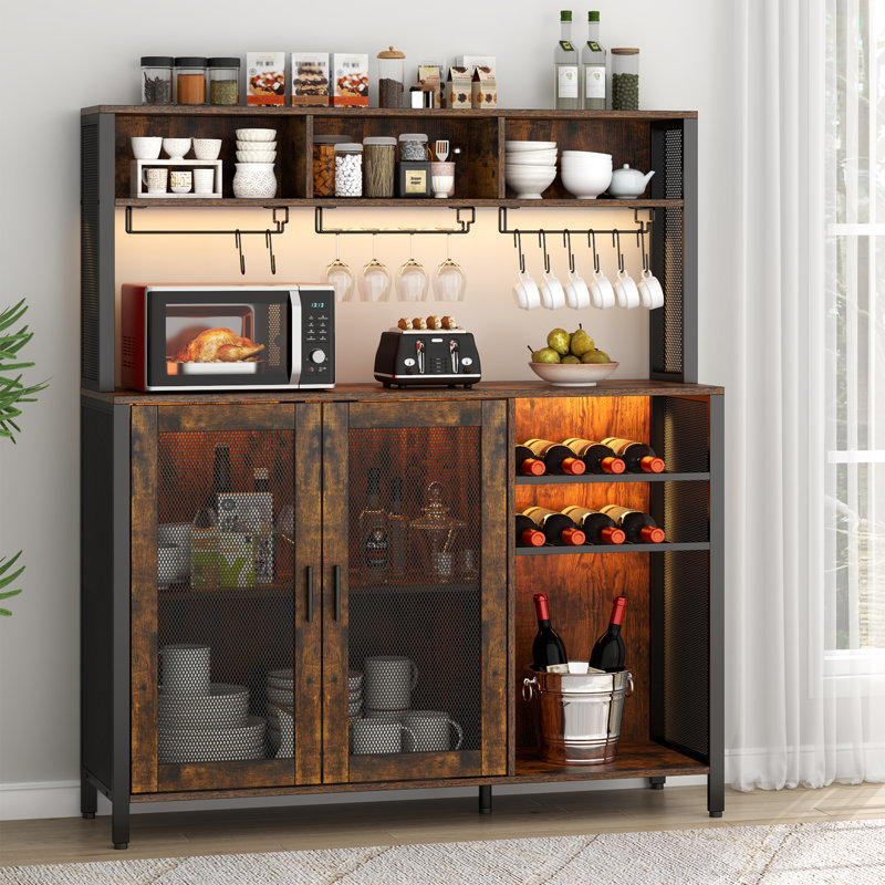 Rustic Brown Industrial Wine Bar Cabinet with LED Lights and Storage
