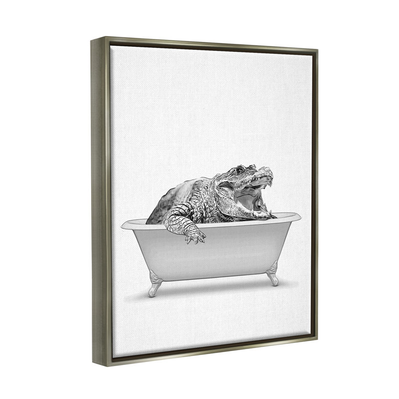 «Crocodile Bathroom Wildlife Tub» par Annalisa Latella, impression, H 31 po x l 25 po x P 1,7 po, Cadre flottant gris lustré
