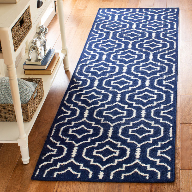 Rodgers Hand Woven Flat Weave Wool/Cotton Geometric Rug in Blue/Ivory, Runner 2'6" x 8'