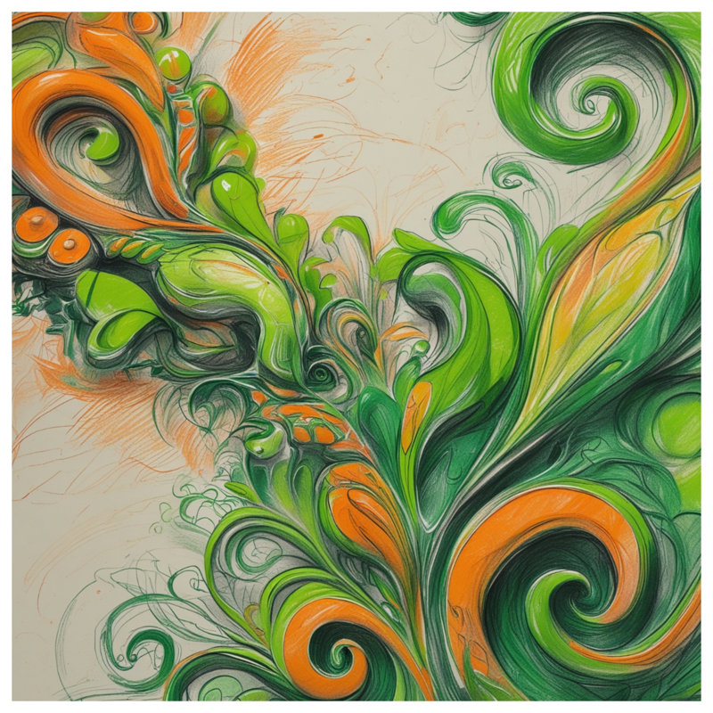 Édredon vert à tourbillons orange, Grand lit