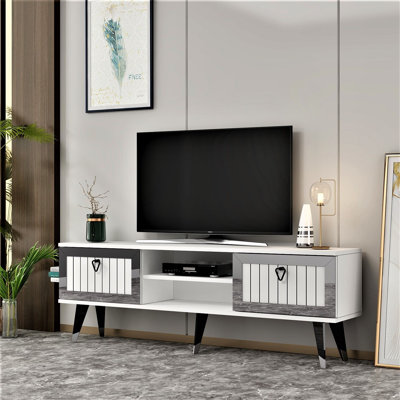 Catena Modern TV Stand with Wall-Mount Option, White & Silver, 59.1 x 17.9 x 11.8 inches | 100% Melamine Coated Particle Board, Multiple Shelves | Stylish & Functional Design for Living Room & Entertainment Spaces