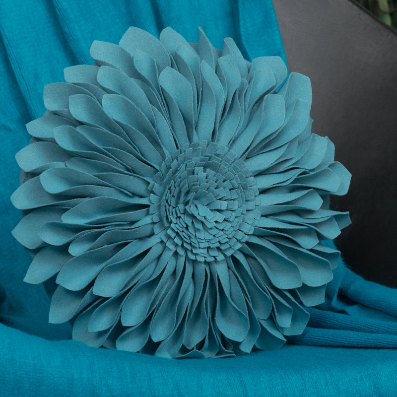 Appliqued Throw Pillow 3D Sunflower Accent Pillow Cover & Insert, Teal Blue - Wool, Square 14"