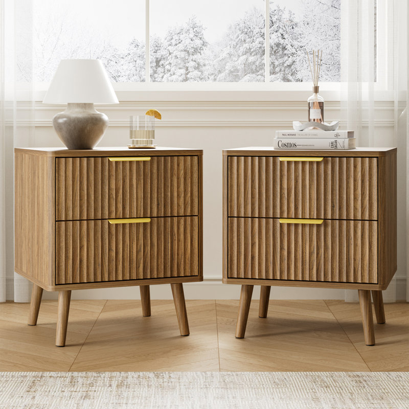 Fluted Nightstand With Curved Profile Design, 2-Drawer End Table, Bedside Table For Bedroom, Living Room, Walnut