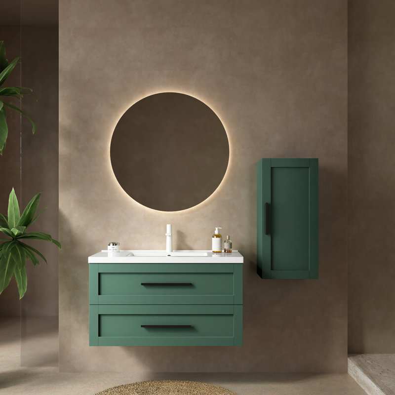 Lavabo de salle de bain 36 po, armoire flottante moderne, lavabo en céramique blanche, 2 tiroirs, rangement généreux, fermeture en douceur, installation facile, armoire de rangement teintée avec flottant, espace substantiel, assemblage,