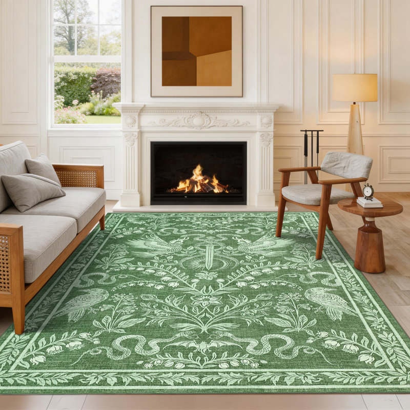 Floral Snake & Bird Print Machine Washable Area Rug with Non-Slip TPR Backing for Living Room Bedroom Dining, Soft Plush Foldable Carpet