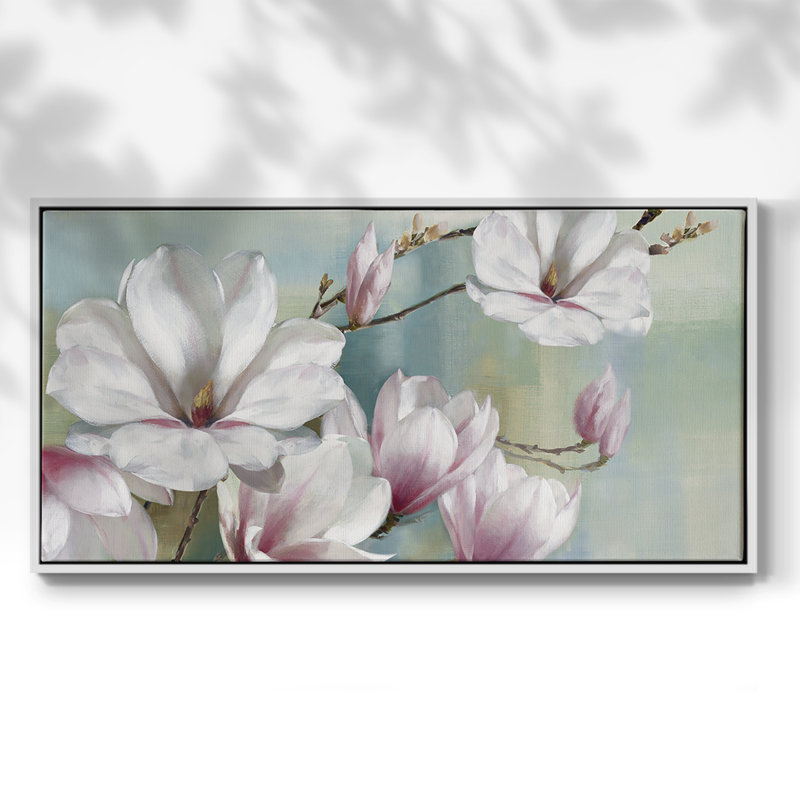 Fleurs de magnolia - Toile tendue avec châssis tendue, prête à accrocher, H 25 po x l 49 po, Blanc
