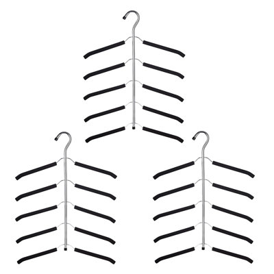 3-Pack 5-In-1 Space Saving Blouse Hangers - Non-Slip Padded Swing Arm Coat Hangers, Heavy Duty Stainless Steel For Shirts & Sweaters (Black)