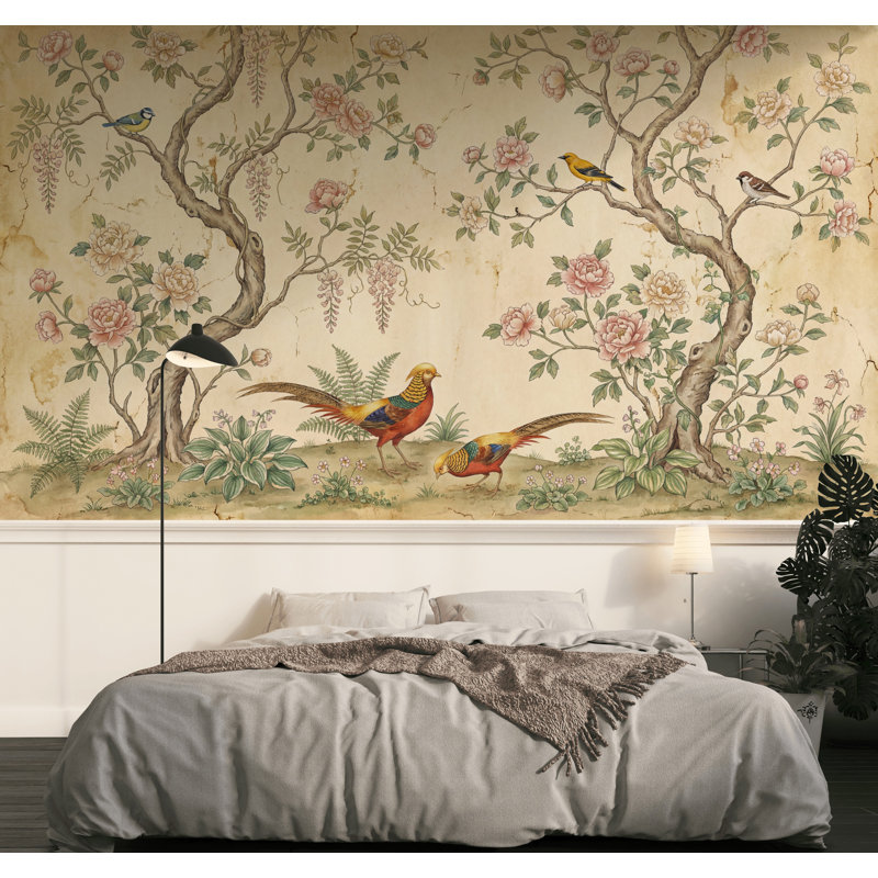 Murale de style rétro avec oiseaux chinois, 100 po x 96 po, Non tissé