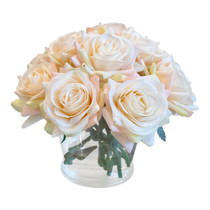 Real Touch Rose Arrangement In Round Glass Vase, Champagne