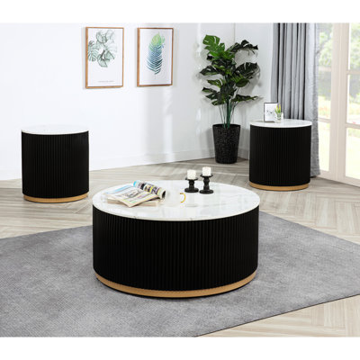 Table de bout moderne noire avec base dorée et plateau luxueux en marbre blanc, style, pour le salon, 22 po x 23 po, 1 pièce, plateau rond, H 23 po seulement