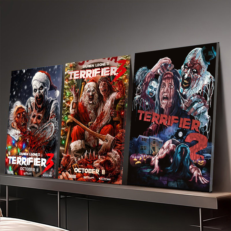 Ensemble de 3 affiches encadrées, reproductions sur toile des films d'horreur Terrifier 3, October II et Terrifier 2 de Damien Leone. Décoration murale effrayante pour l'Halloween, Noël, la maison, le bureau ou le salon.