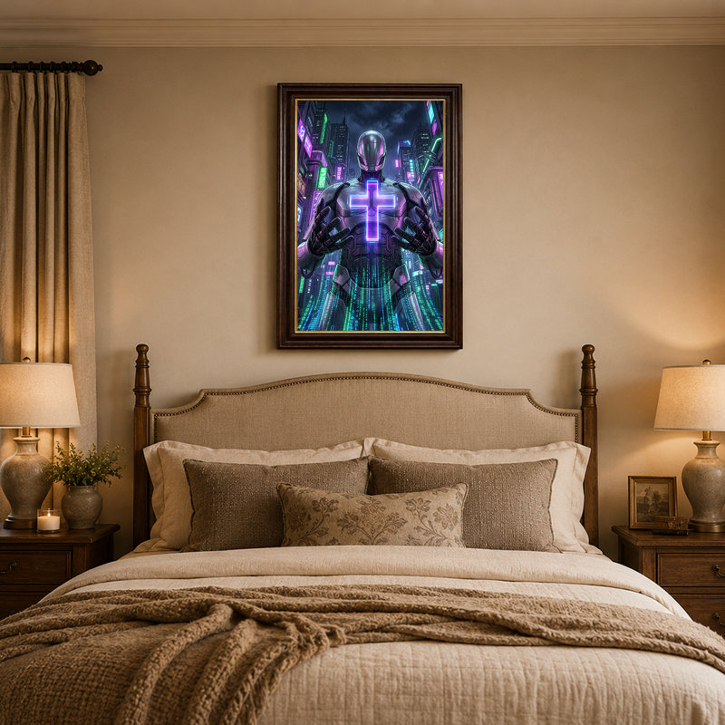 «Silver Robot with Glowing Purple Cross In Neon City», art mural sur toile, 24"H x 16"W