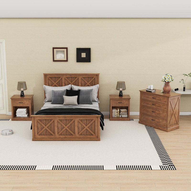 Ensemble de chambre à coucher 4 pièces avec lit plateforme, 2 tables de chevet et commode, Noyer