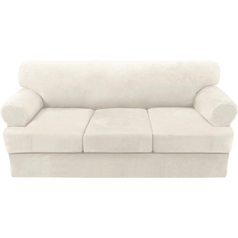Ensemble de housse pour canapé à coussins en T - Ivoire - Housse de protection pour canapé extensible 4 pièces pour canapé à 3 coussins, comprenant 3 housses de coussin en T individuelles