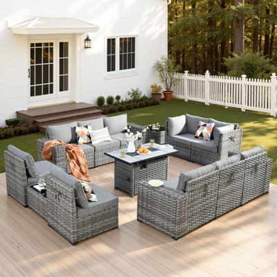 Bobia 13 Piece Outdoor Wicker Patio Conversation Set with Fire Pit table,  Modular Sofa Seating Group with Cushions
