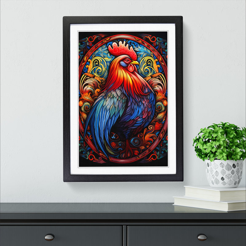 Rooster Symbolism - Single Picture Frame Print on Wood, 34cm H x 25cm W x 2cm D, Black