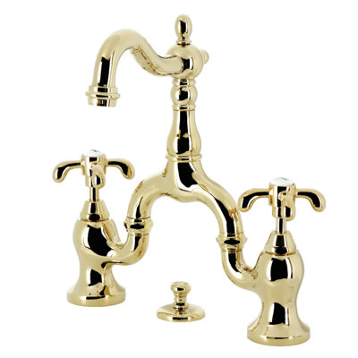 Kingston Brass French Country Two-Handle 3-Hole Deck Mount Bridge Bathroom Faucet with Brass Pop-Up