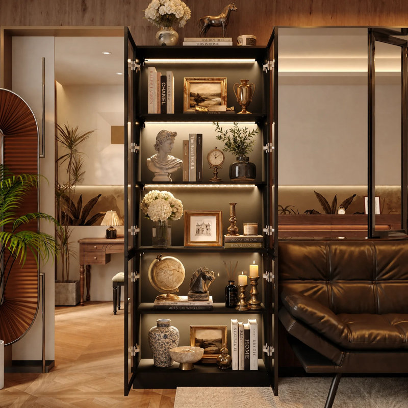 5-Shelf Display Cabinet with 3-Color LED Lights, Tempered Glass Door & Push-to-Open Design, Black