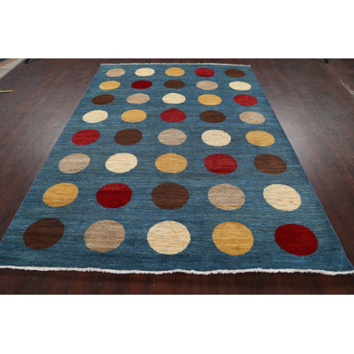 Tapis bleu en laine noué à la main de conception unique 5 pi 8 po x 8 pi 0 po New Age