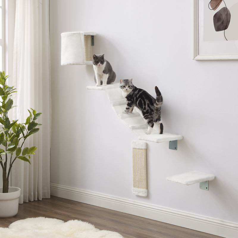 White Wall-Mounted Sisal Cat Climber with Platforms