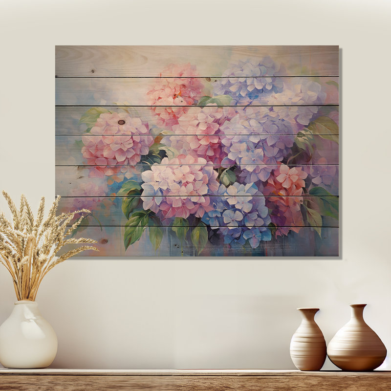 Impression hortensia mauve, rose et romantique sur bois, H 30 po x l 40 po x P 0,78 po