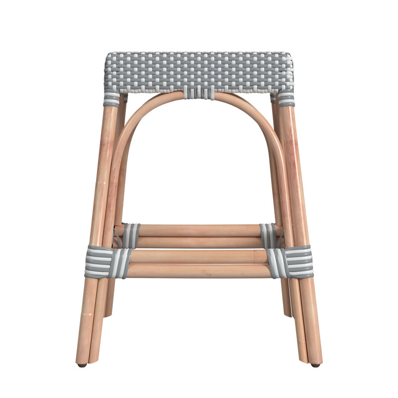 Robias Rattan Bar & Counter Stool, White/Sky Blue Dot / Natural Rattan Frame, Counter Stool (24.5" Seat Height)