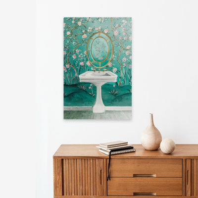 «Chinoiserie Bath I» contemporain bleu floral or bain chinoiserie